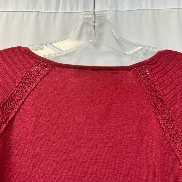 Loft Womens Pullover Top Burgundy Wool Blend Long Sleeve Raglan V Neck Crochet S - Picture 2 of 11